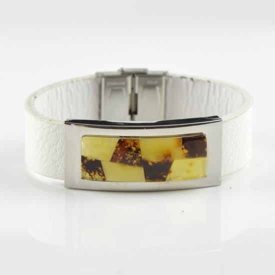 Baltic Amber bracelet with wrap white leather